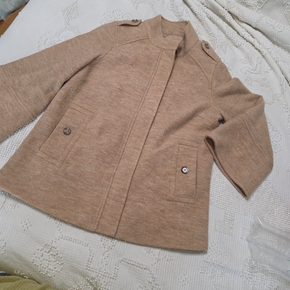Chico's Camel Tan 100% Wool Full Zip Bell‎ Sleeve Jacket Chico Sz 0 = Sz 4